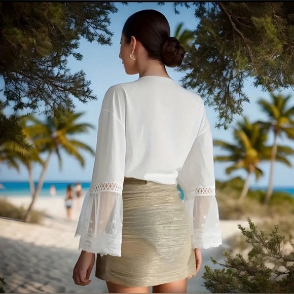 New no tag White Lace Trim Kimono Cardigan, Chiffon, Shawl Cover-up, - Picture 4 of 12